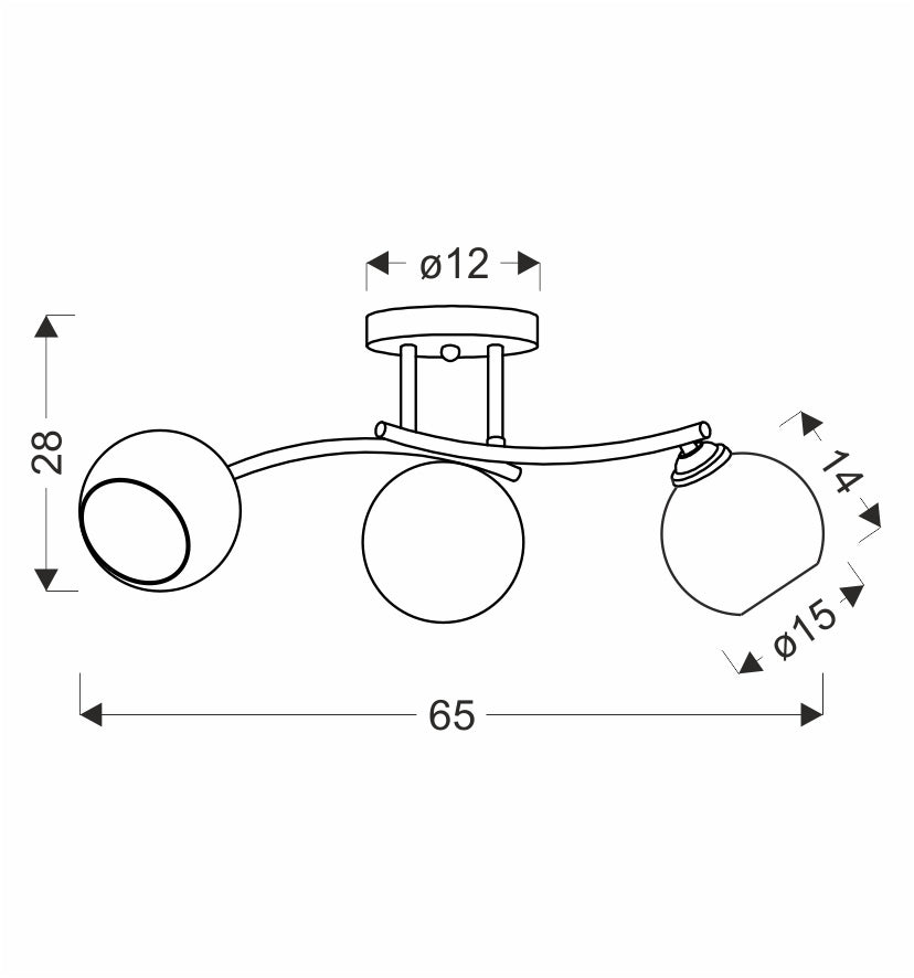 Schéma de dimensions du luminaire : largeur 65 cm, hauteur 28 cm, diamètre des globes 15 cm.