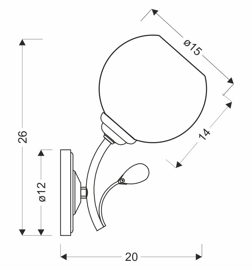 Schéma coté de l'applique indiquant hauteur, diamètre du globe et profondeur