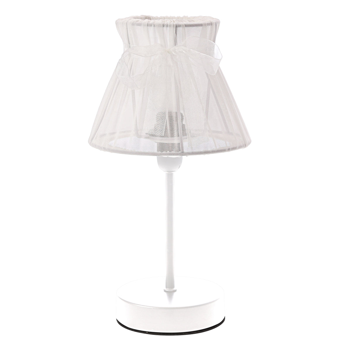 Lampe à poser blanche, abat-jour conique en voile noué d'un ruban, vue de face