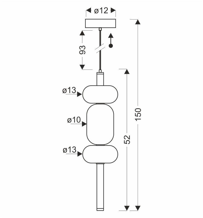 Schéma coté du luminaire : hauteur 150 cm, diamètres 13 et 10 cm.