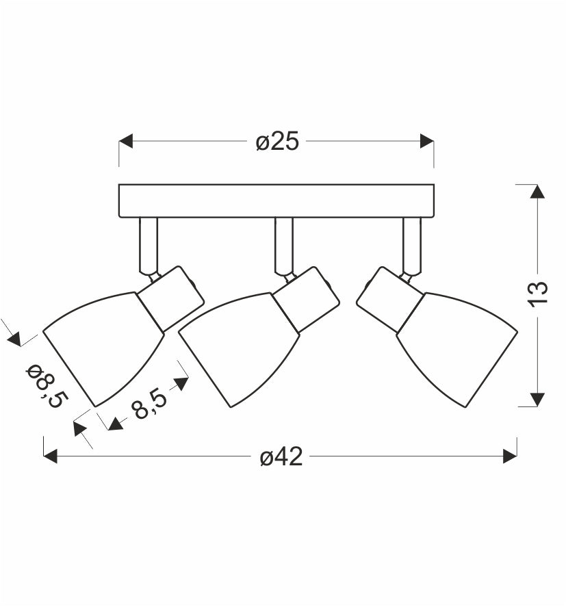 Schéma coté du plafonnier : rosace 25 cm, envergure 42 cm, hauteur 13 cm