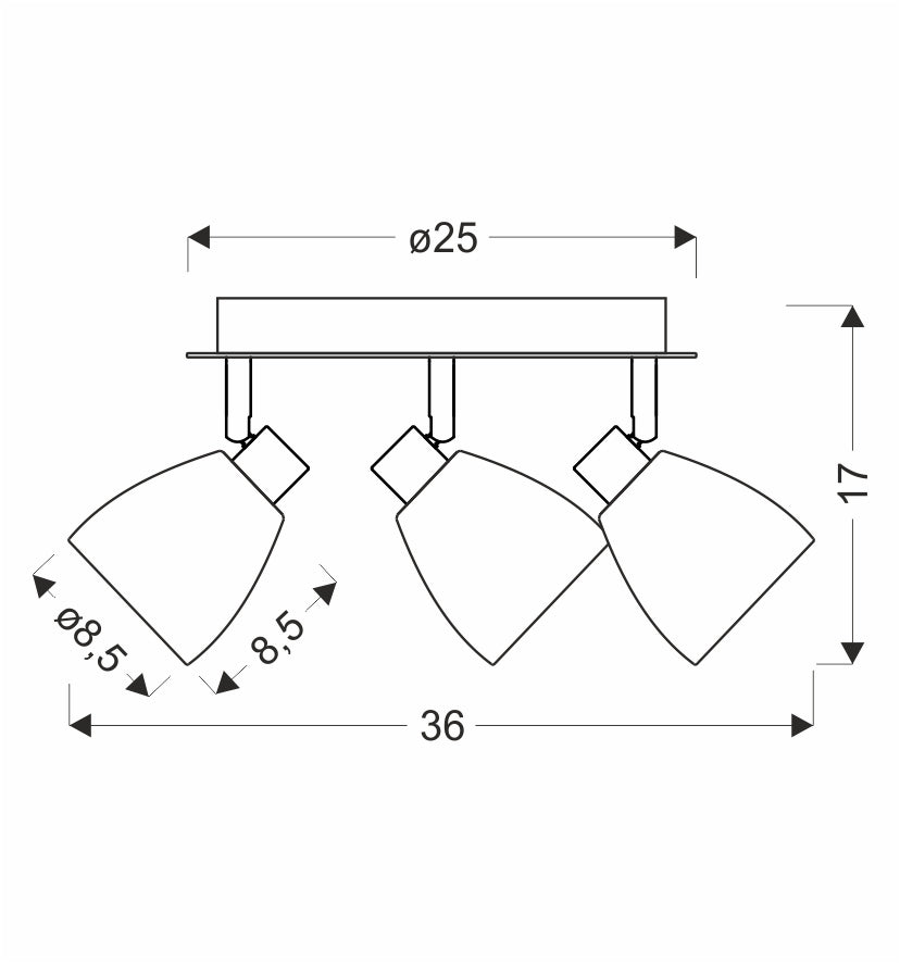 Schéma de dimensions avec largeur 36 cm, hauteur 17 cm et diamètres 25 et 8,5 cm
