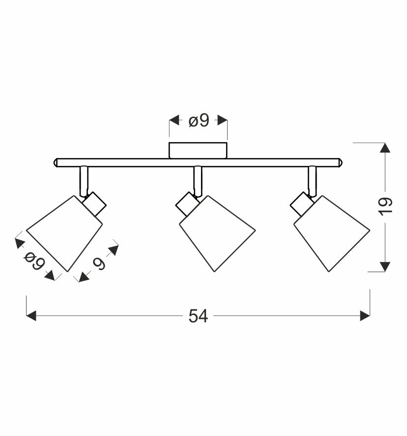 Schéma de dimensions : largeur 54 cm, hauteur 19 cm, diamètre des verres 9 cm