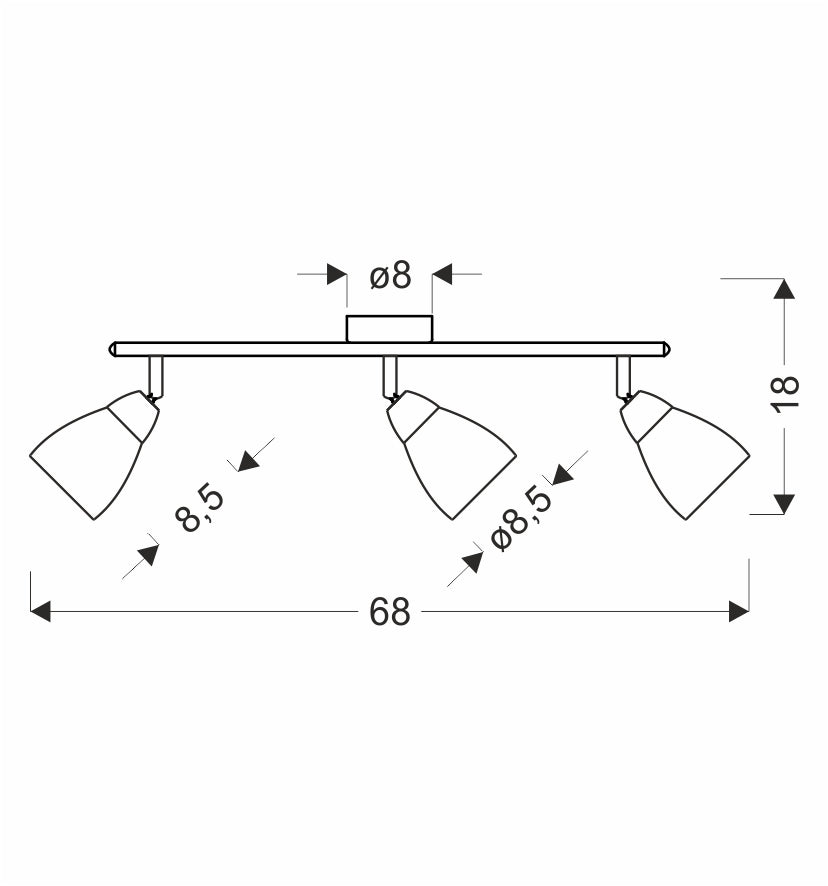 Schéma technique coté du plafonnier, largeur 68 cm et hauteur 18 cm