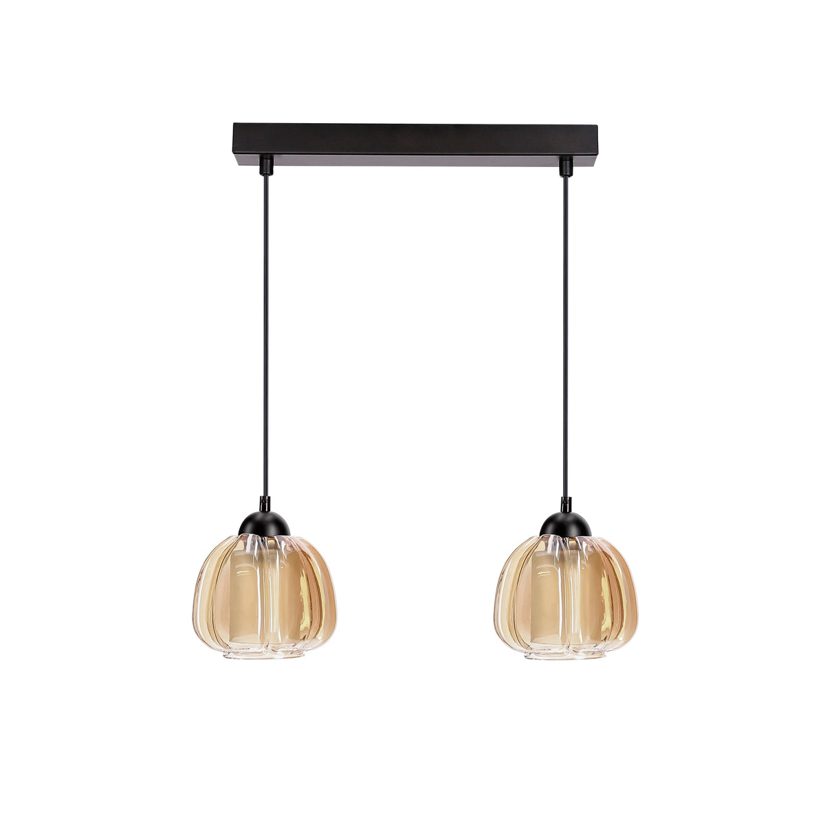 Suspension noire à deux lumières en verre ambré côtelé, vue de face sur fond blanc.