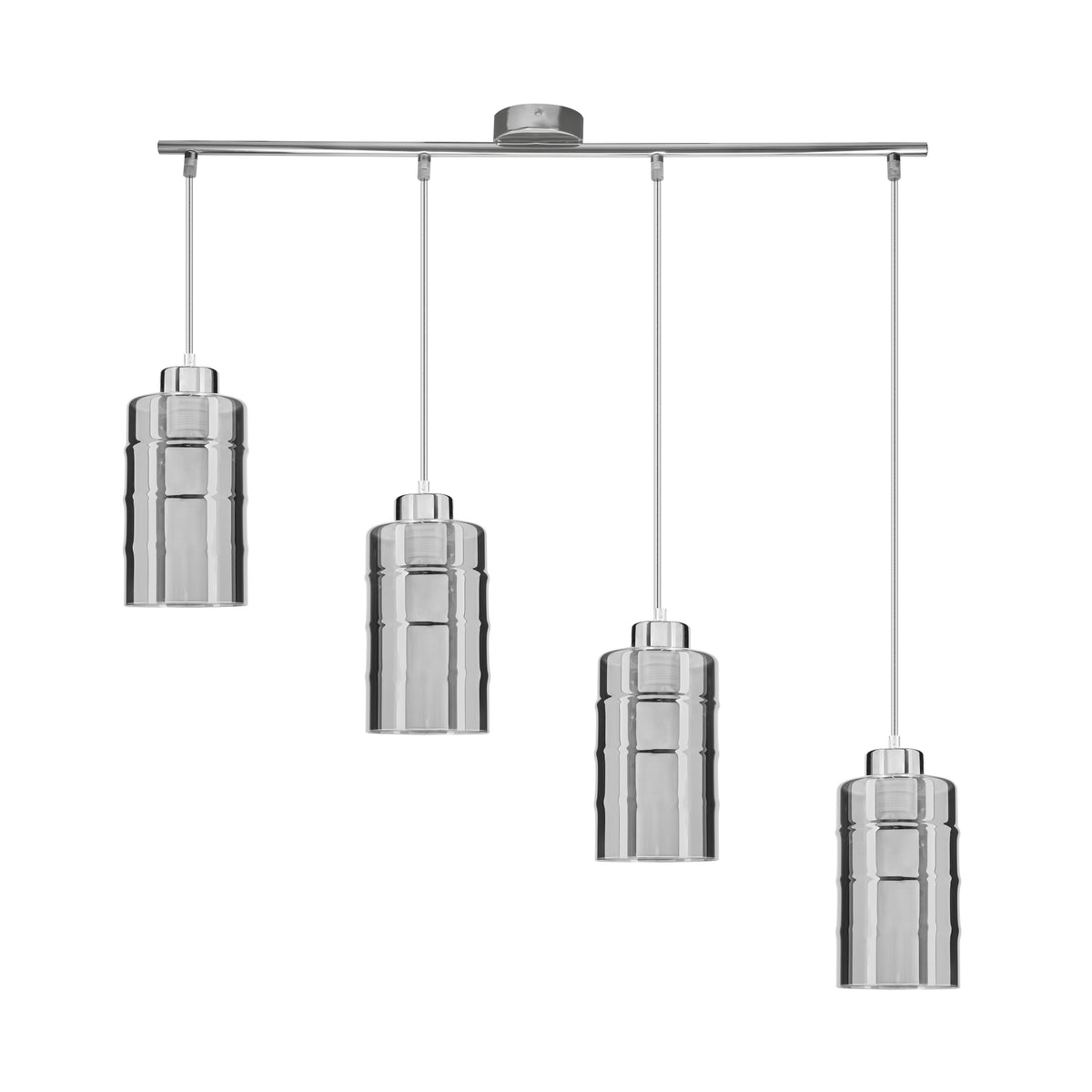 Suspension quatre lumières avec abat-jours cylindriques en verre argenté et barre horizontale