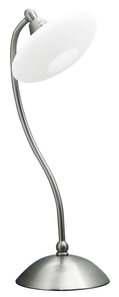 Lampe à poser de face, col flexible nickel et diffuseur rond blanc, fond blanc