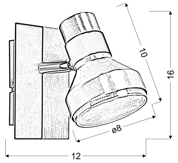 Schéma technique coté de l'applique montrant largeur 12 cm, profondeur 16 cm et diamètre 8 cm