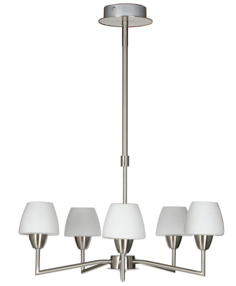 Suspension cinq lumières en nickel satiné avec diffuseurs en verre blanc, vue de face