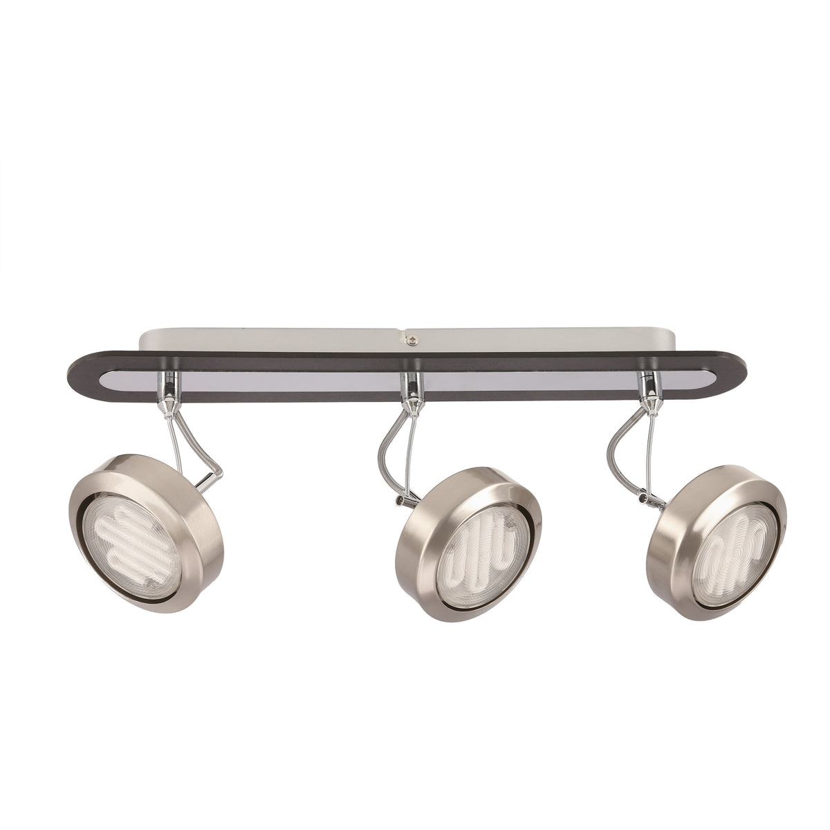 Vue de face du plafonnier trois spots orientables, nickel satiné et bois wengé