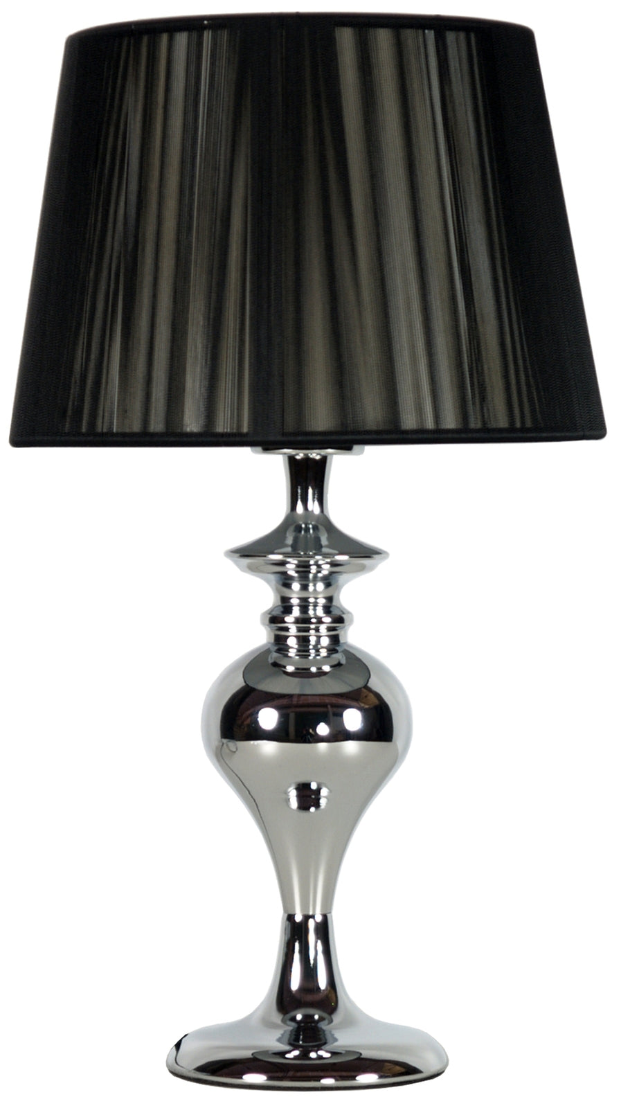 Lampe à poser de face, pied chromé et abat-jour noir