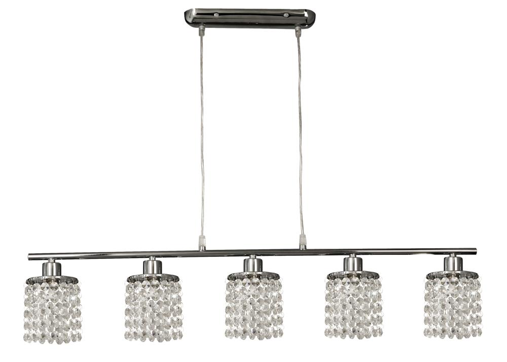 Vue d'ensemble du luminaire avec fixation plafond, câbles et cinq abat-jours en cristal transparent.