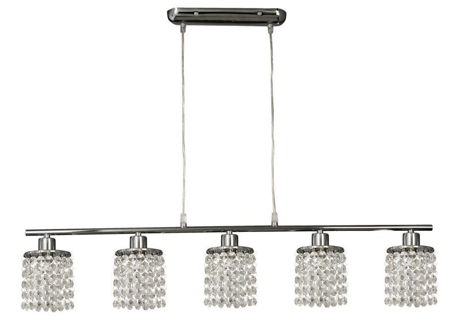 Vue d'ensemble du luminaire avec fixation plafond, câbles et cinq abat-jours en cristal transparent.