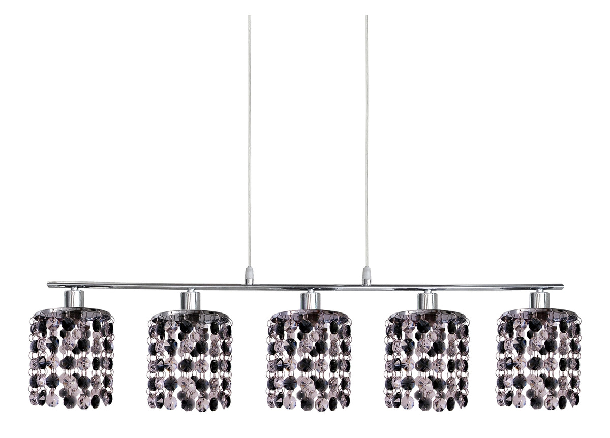 Suspension cinq lumières, abat-jours cylindriques en cristal, vue de face sur fond blanc.