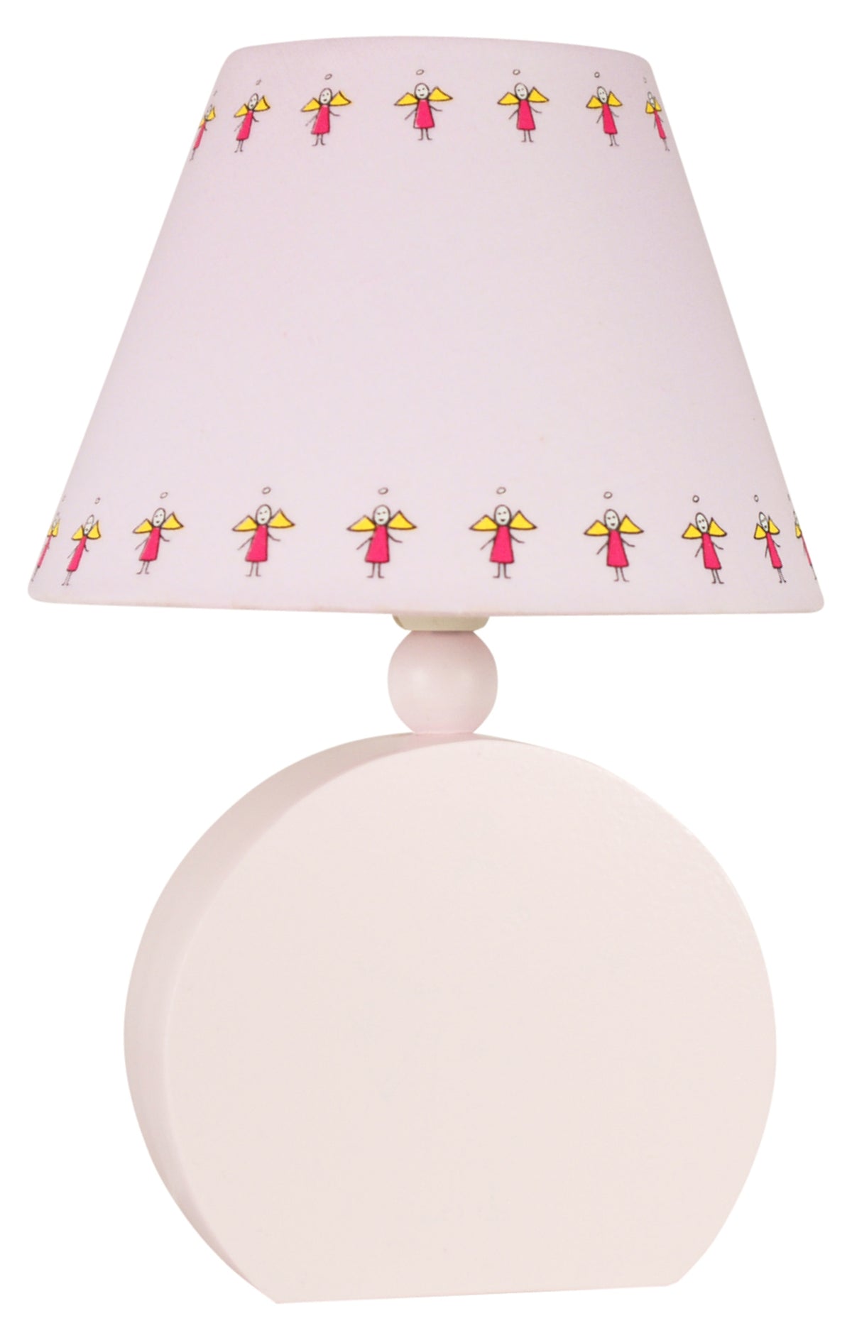Lampe à poser rose en tissu, abat-jour imprimé d'anges, vue de face.