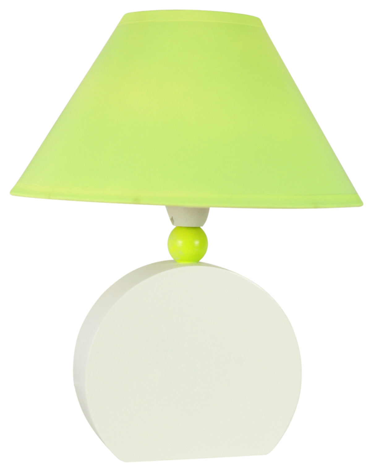 Lampe à poser verte en tissu, abat-jour conique, base ronde blanche, vue de face.
