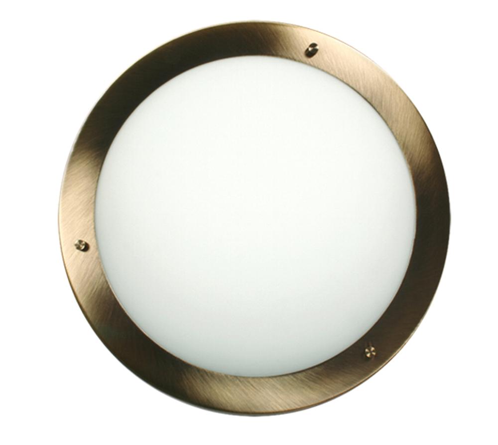 Plafonnier rond de face, bague laiton vieilli et diffuseur en verre opalin blanc