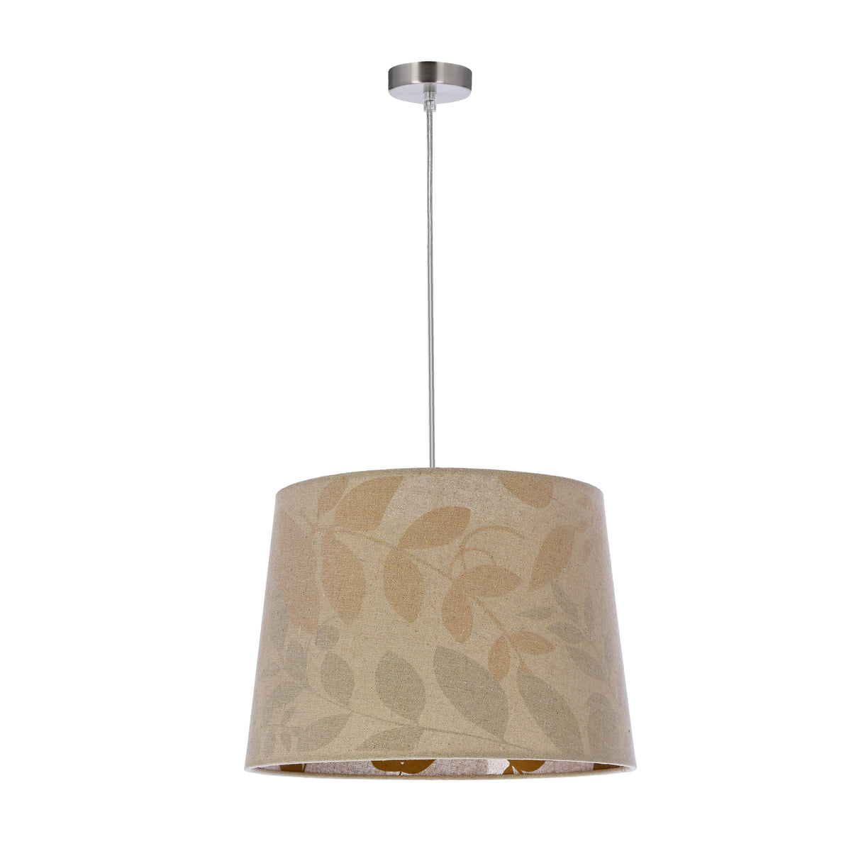 Vue de face du luminaire suspendu avec abat-jour en tissu à motif feuillage