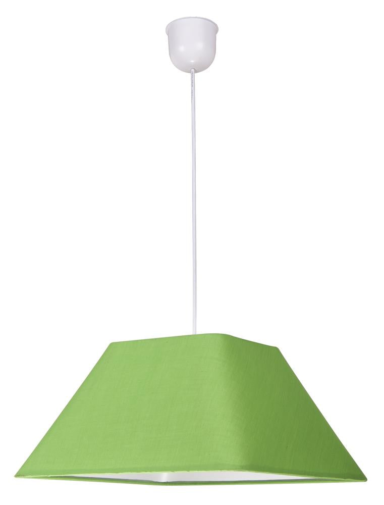 Version verte de la suspension, abat-jour trapézoïdal et câble blanc, vue de face.