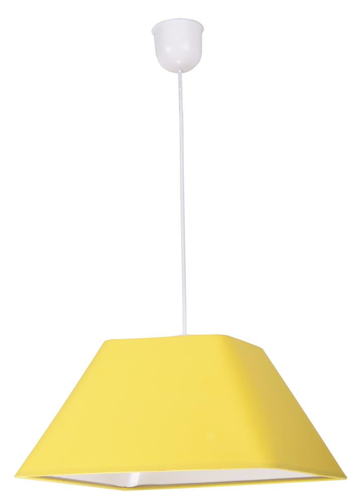 Suspension en tissu jaune, abat-jour trapézoïdal et câble blanc, vue de face.