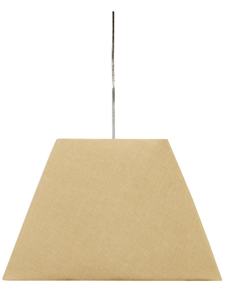 Suspension au grand abat-jour trapézoïdal en tissu beige, vue de face sur fond blanc