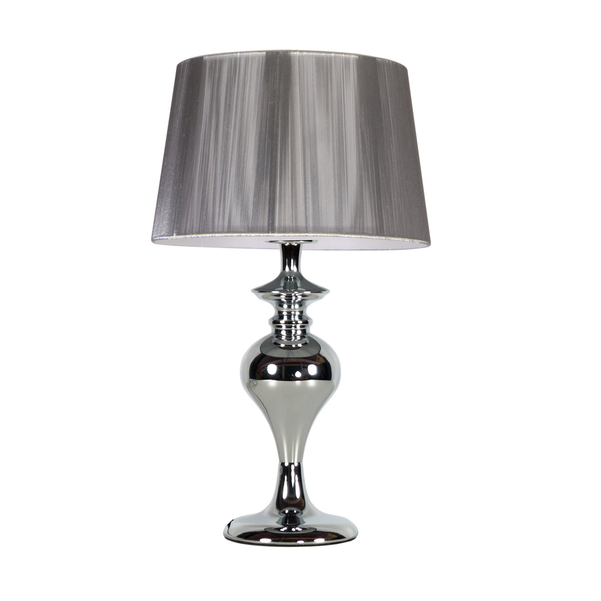 Lampe à poser chromée avec abat-jour gris texturé, vue de face sur fond blanc.