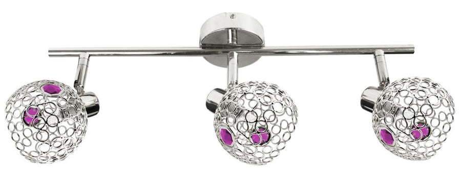 Même plafonnier trois lumières vu de face, ampoules allumées en teinte violette rosée
