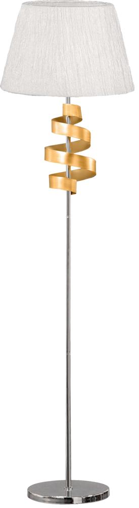 Lampadaire entier sur fond blanc, abat-jour en tissu et spirale dorée