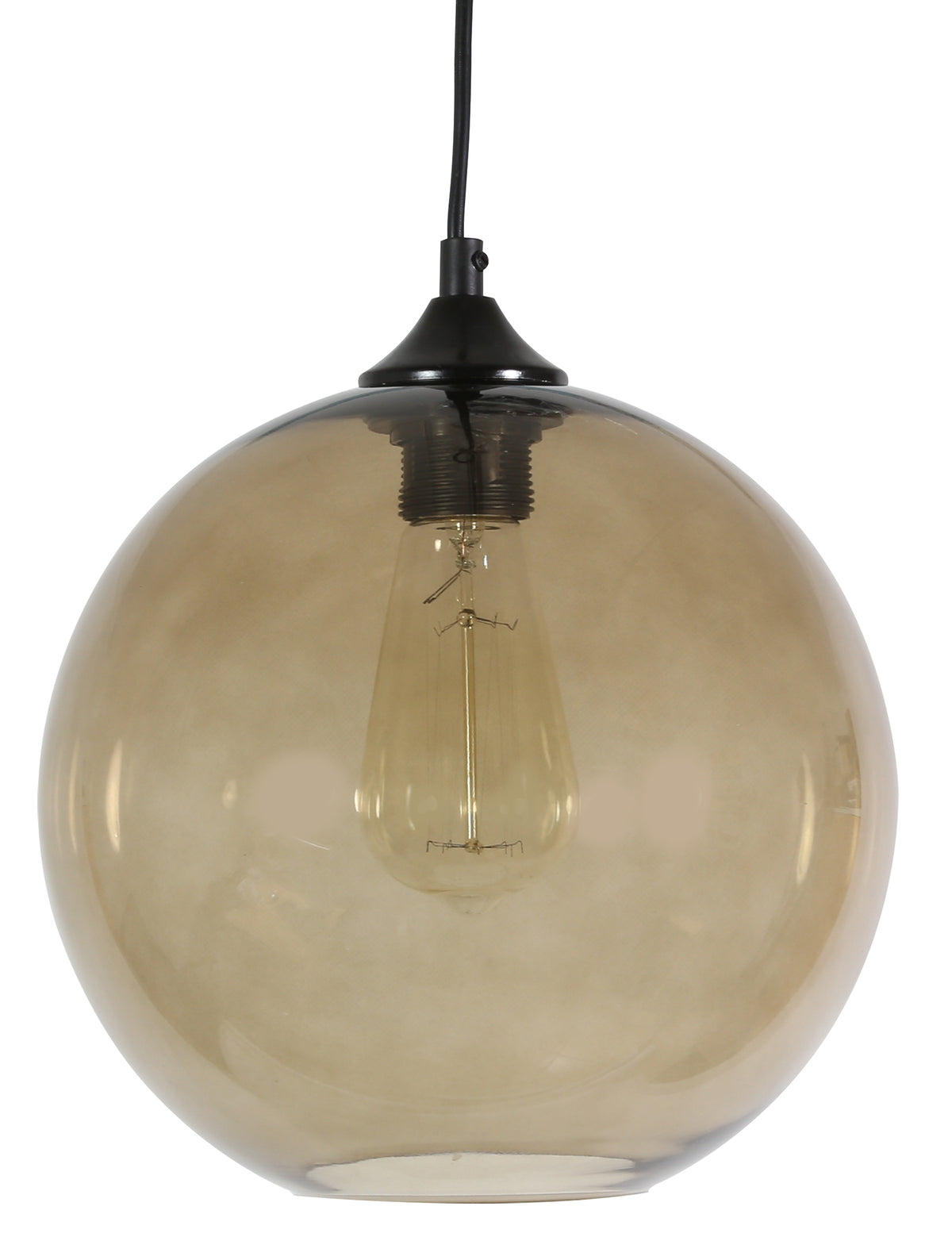 Suspension en verre ambré avec douille noire et ampoule Edison visible, fond blanc.