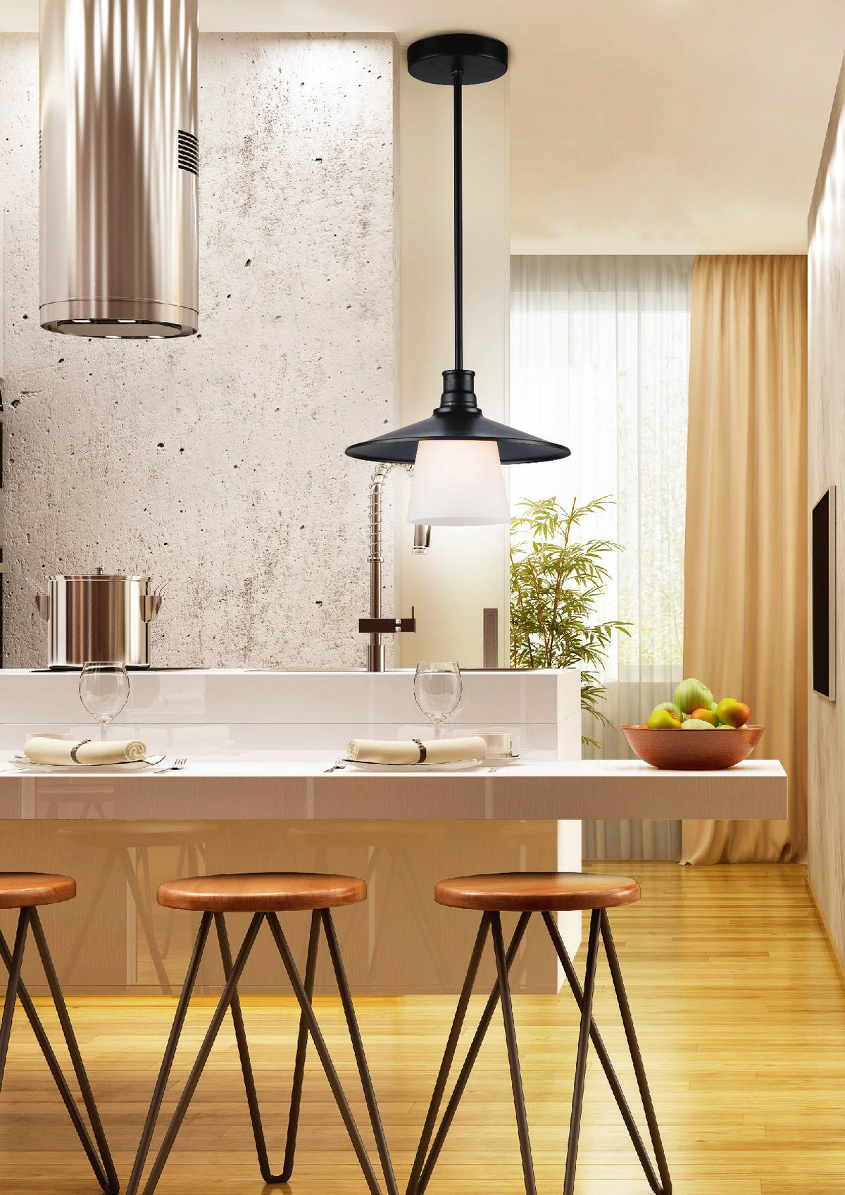 Suspension noire installée au-dessus d'un îlot de cuisine, avec hotte inox et tabourets en bois.