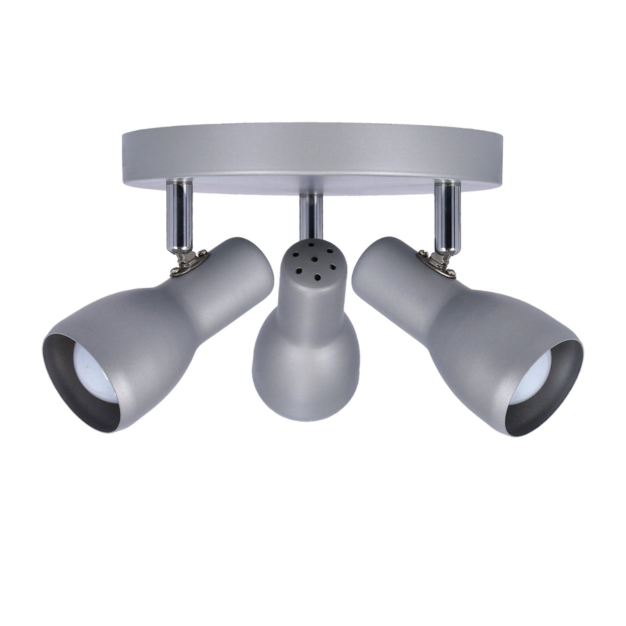 Produit de face sur fond blanc, plafonnier gris argenté avec trois spots orientables.