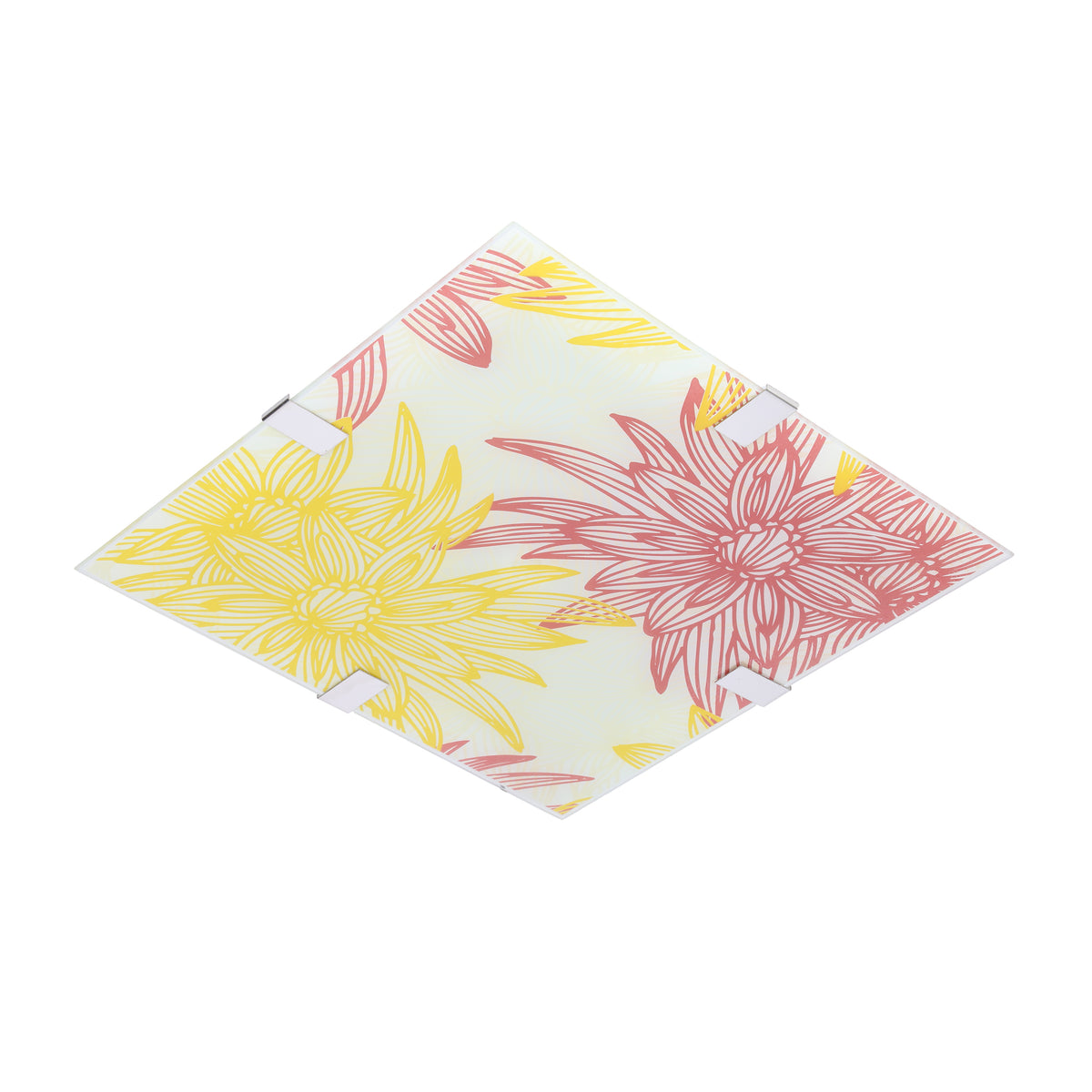Vue inclinée du plafonnier carré, grand motif floral rouge et jaune sur verre.
