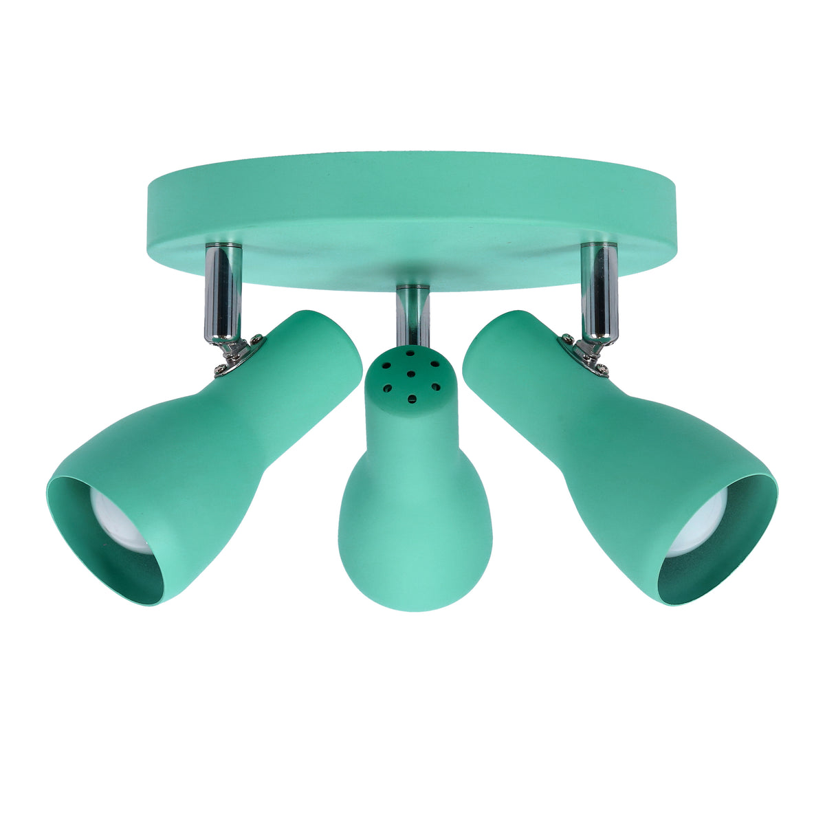 Plafonnier turquoise à trois spots orientables, vu de face sur fond blanc.