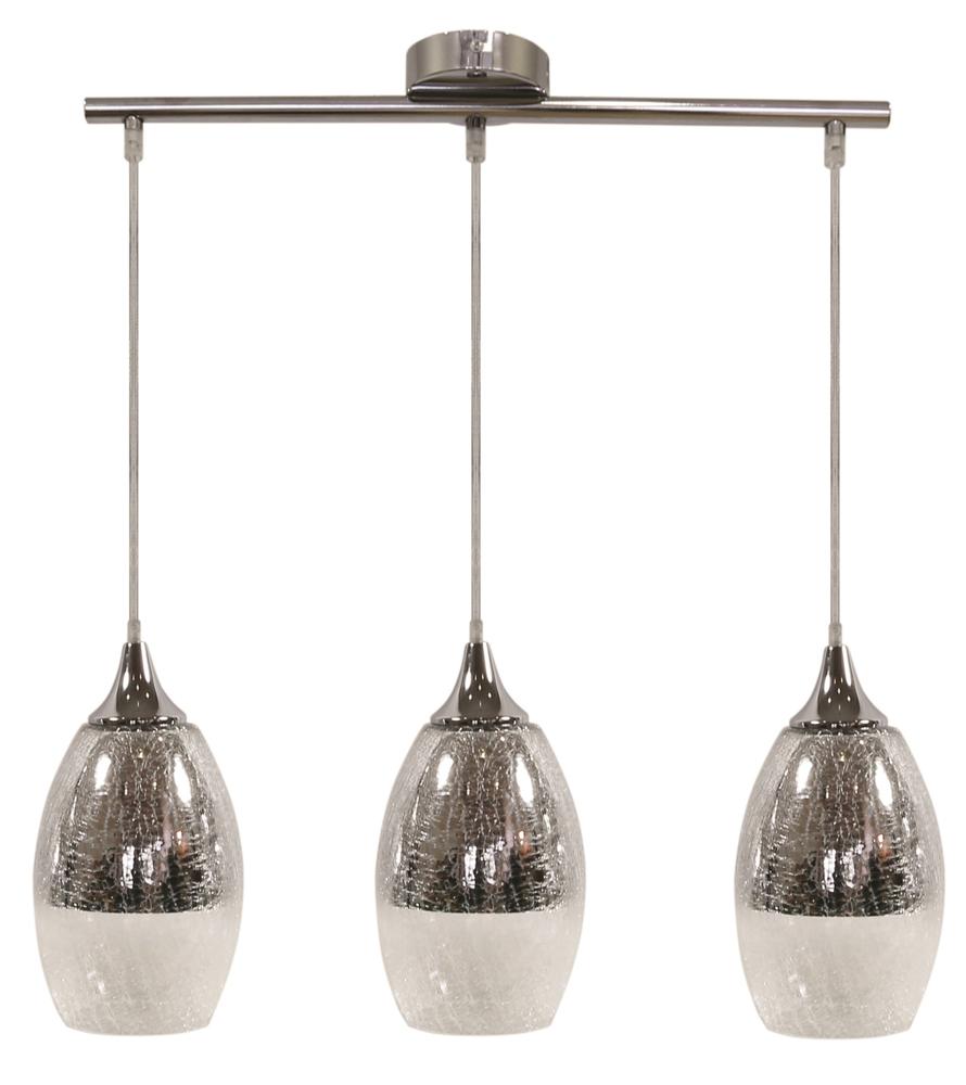 Suspension trois lumières en verre craquelé argenté sur fond blanc, vue de face