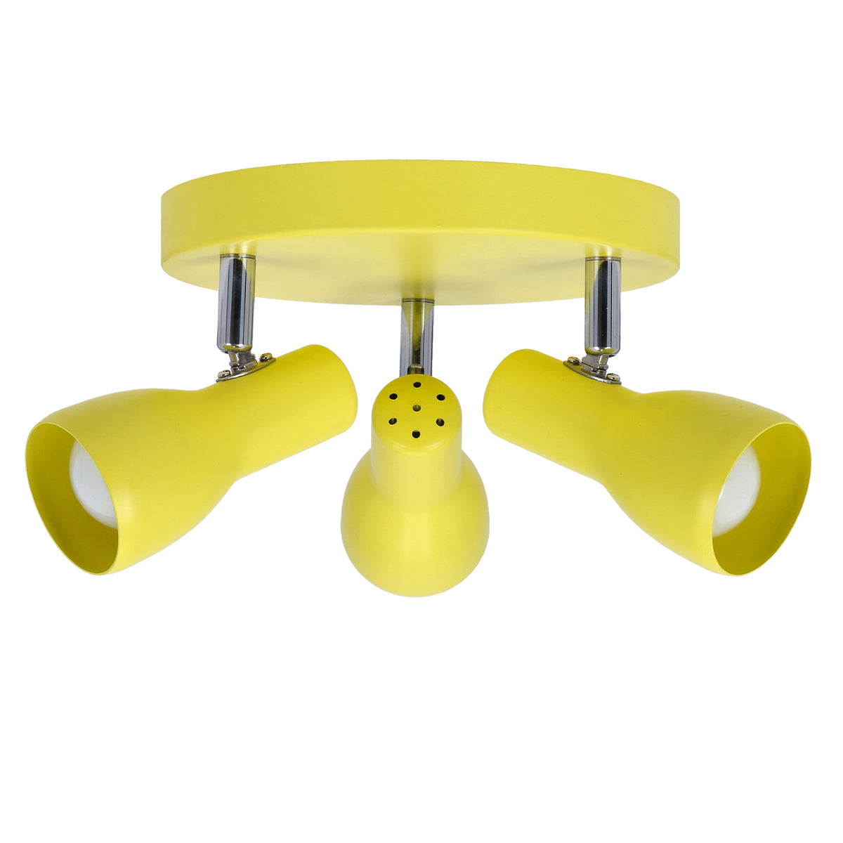 Plafonnier jaune à trois spots orientables, produit de face sur fond blanc.
