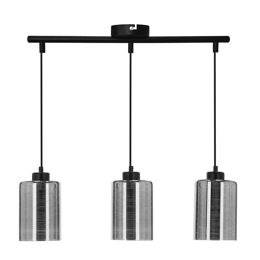 Vue de face du luminaire trois suspensions, verre cylindrique strié et structure noire