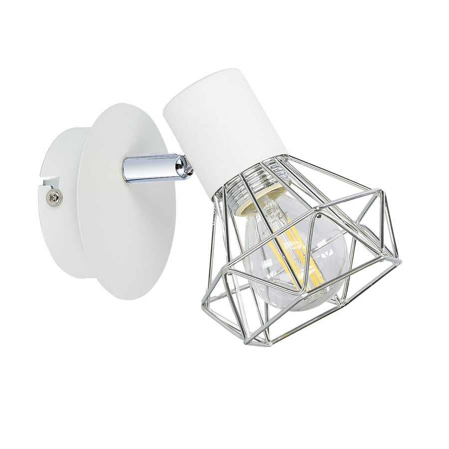 Vue de face de l'applique murale orientable, cage chromée et douille blanche