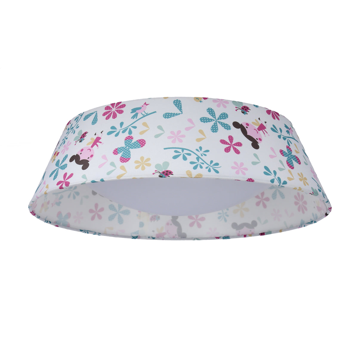 Vue de face du luminaire, motif fleurs et petites filles sur tissu blanc, bord ourlé
