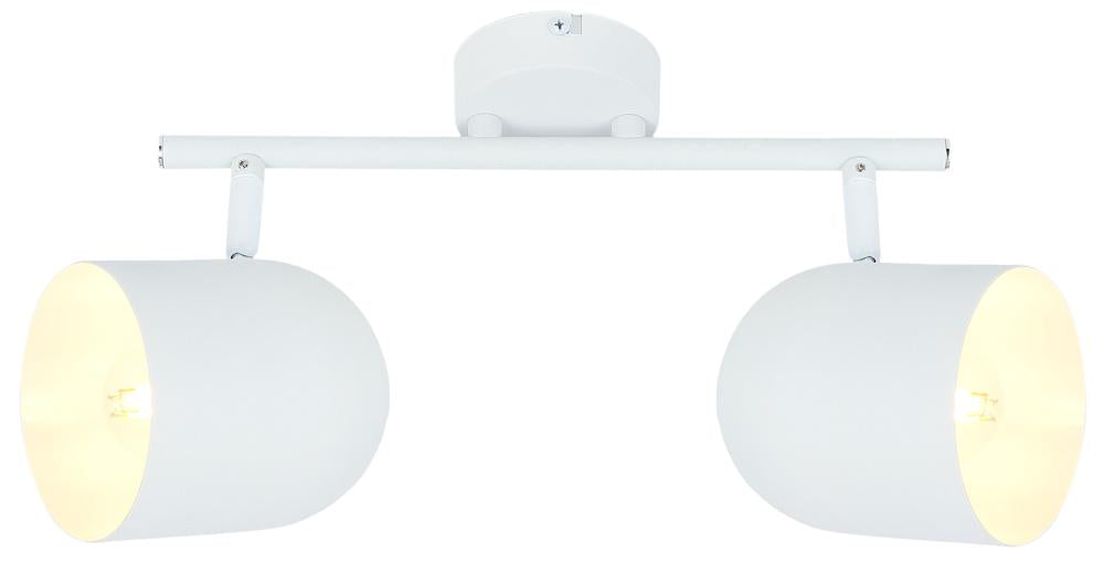 Plafonnier blanc deux spots cylindriques orientables, vue de face sur fond blanc