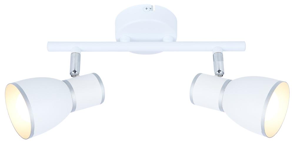 Luminaire deux spots orientables, blanc et chrome, produit de face sur fond blanc