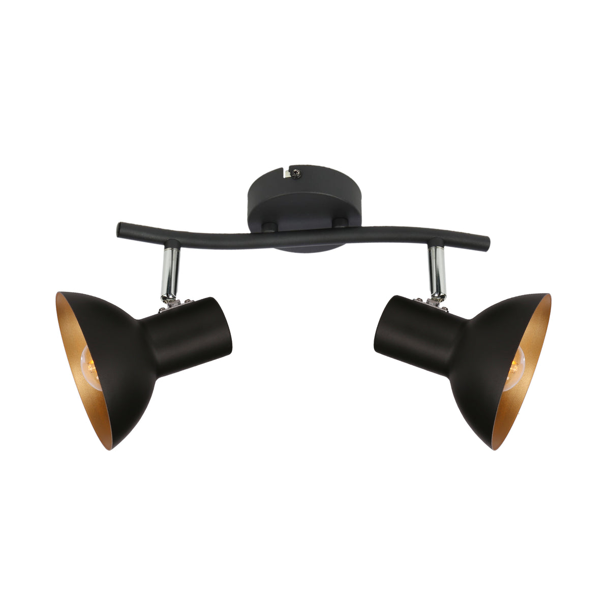 Vue de face du plafonnier noir à deux projecteurs coniques dorés orientables