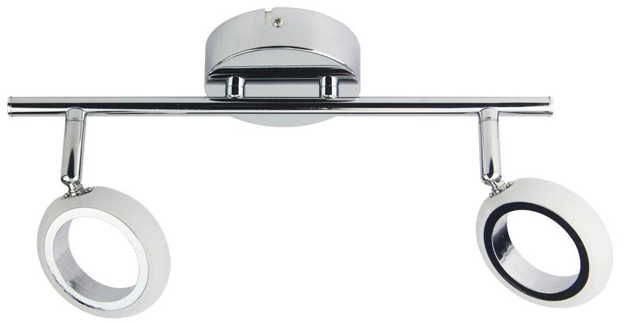 Vue de face du plafonnier chromé à deux spots ronds orientables sur fond blanc.