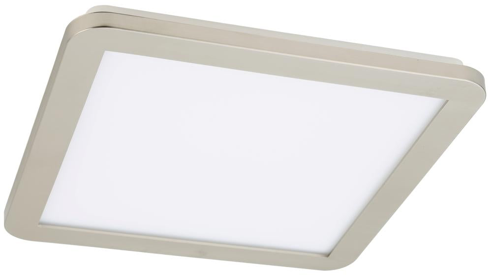 Plafonnier LED rectangulaire vu de biais, cadre nickel satiné et diffuseur blanc opalin