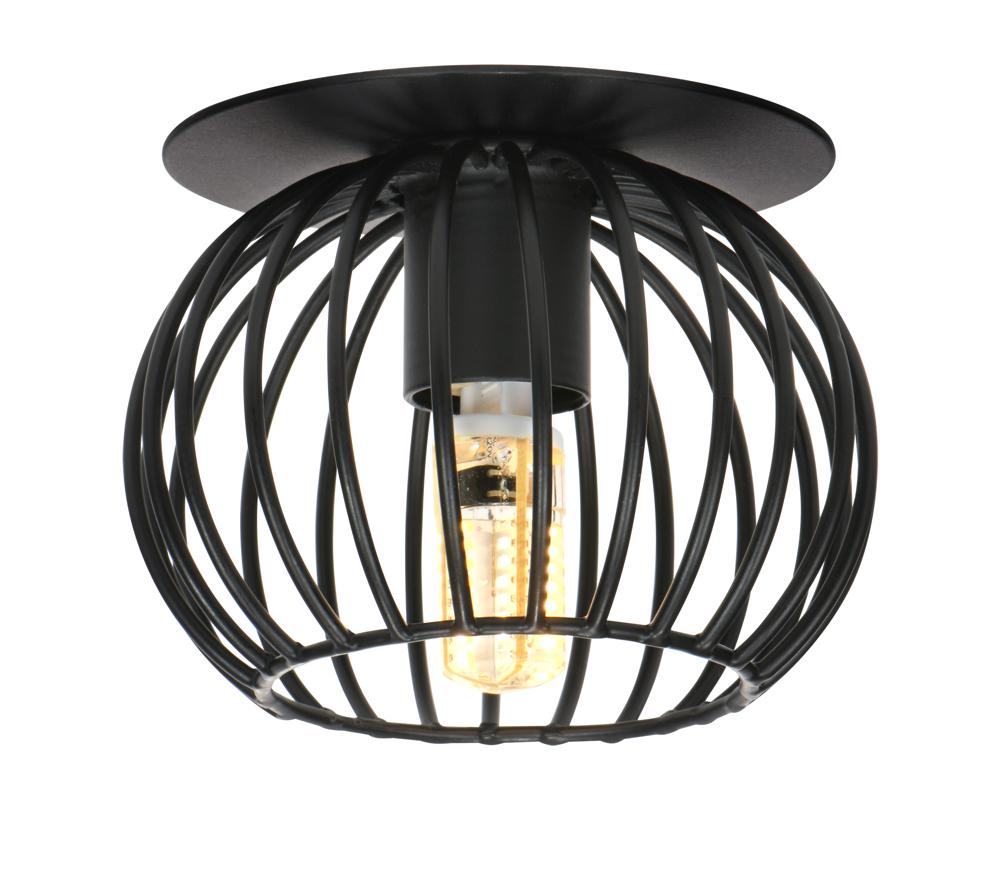 Plafonnier noir vu de face, cage sphérique en métal et ampoule LED allumée à l'intérieur