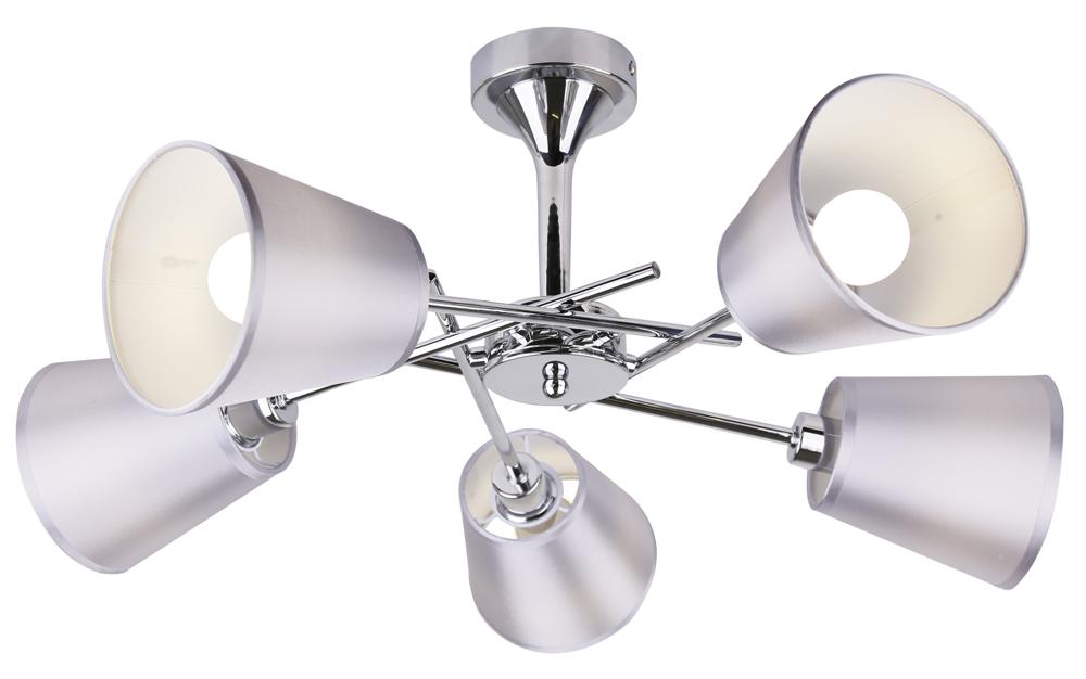 Suspension cinq lumières vue de face, structure nickel satiné et abat-jour coniques en tissu