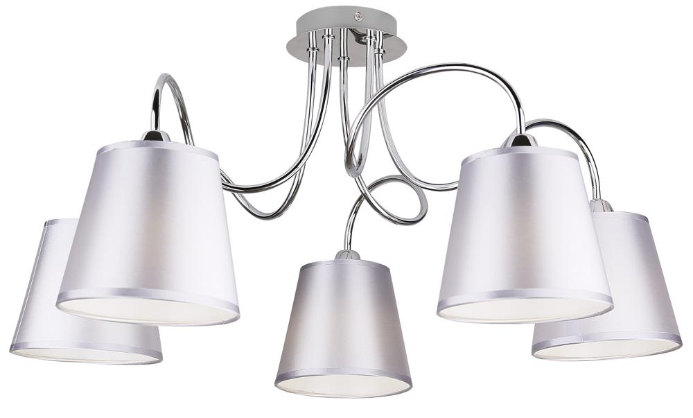 Vue produit sur fond blanc, suspension cinq lumières aux abat-jours coniques et bras chromés.