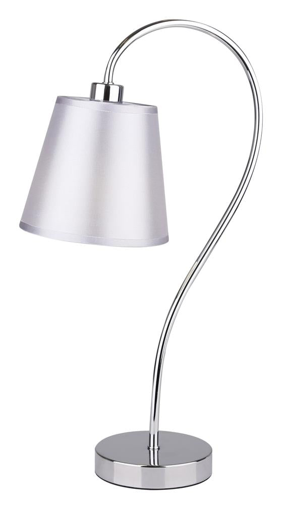 Produit de face sur fond blanc, lampe chromée avec abat-jour conique en tissu.