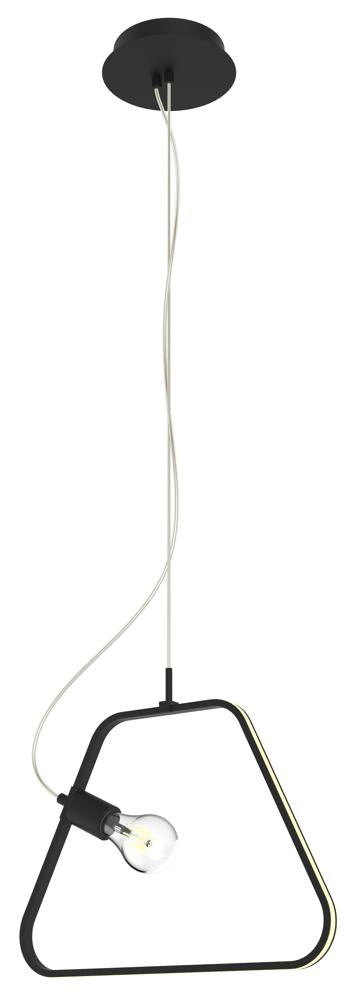Suspension triangulaire noire avec ampoule LED, vue de face sur fond blanc
