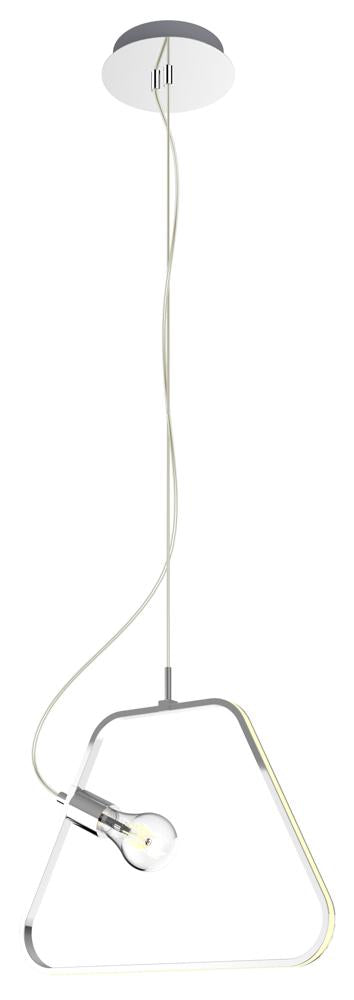 Vue de face du luminaire suspendu, cadre triangulaire chromé et ampoule apparente