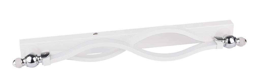 Applique murale blanche de face, forme ondulée et finitions chromées sur fond blanc.